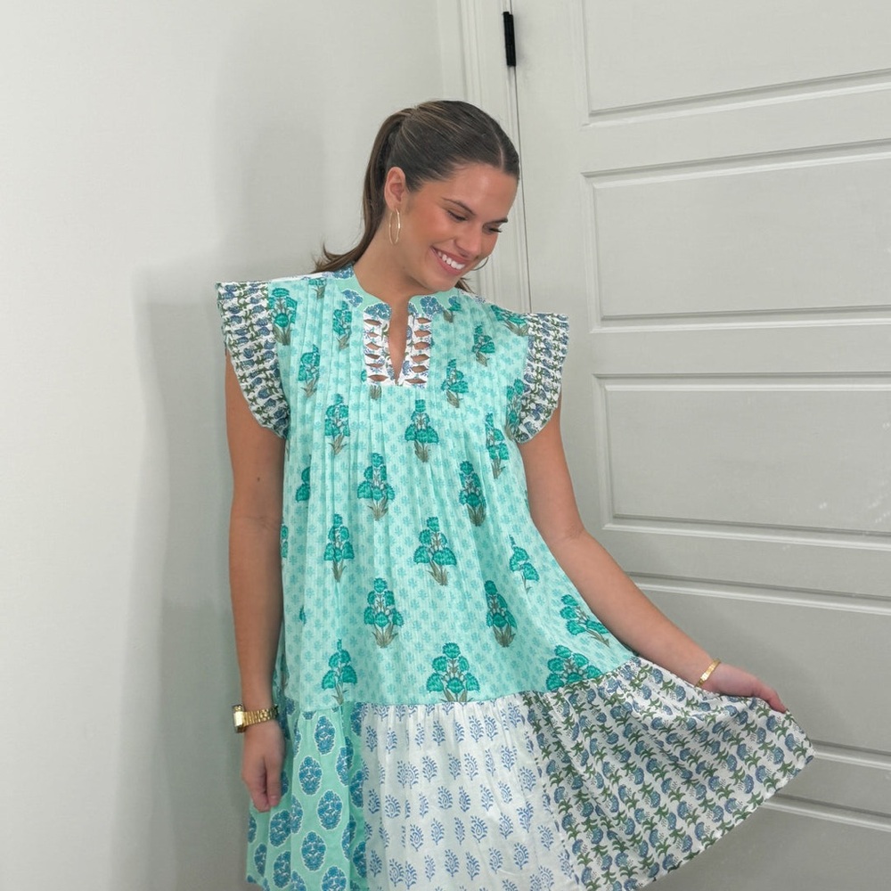 NWOT THML Mint Teal Patchwork Mini Dress
